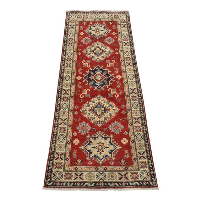 Kazak Runner 2’7” X 6’6” Red Wool Tribal Hand-Knotted Oriental Rug For Sale