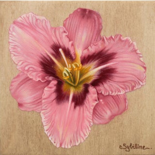 Hemerocallis II by Sybiline | Oil on panel Pink flower with dark center and yellow stamen For Sale