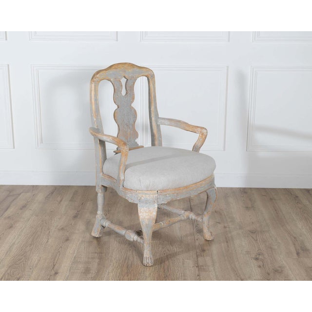 Pair of Swedish Rococo Carved Armchairs with Original Patina For Sale - Image 4 of 16