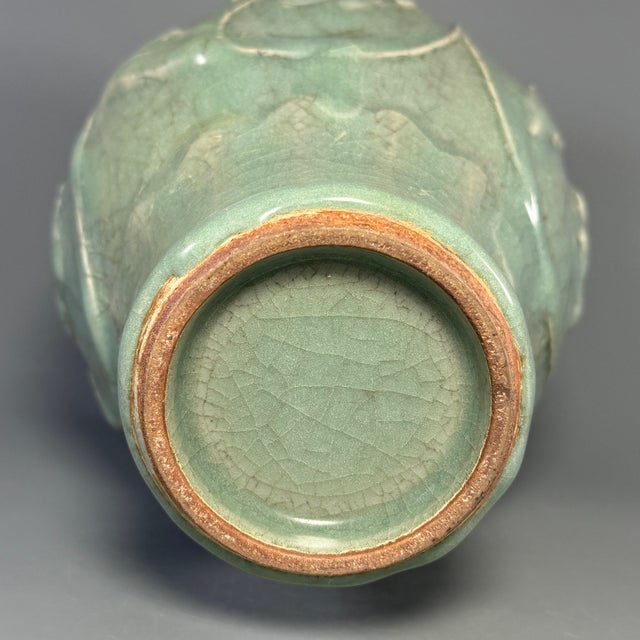 Ceramic Antique Chinese Celadon Relief‑Carved Flared Rim Vase, Collectible Antique For Sale - Image 7 of 7