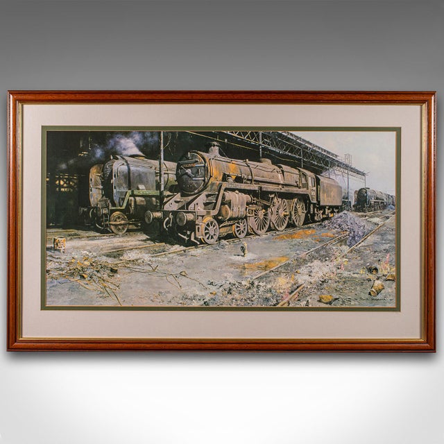 This is a vintage railway print. An English, framed steam train picture titled 'Nine Elms - The Last Hours' by David...