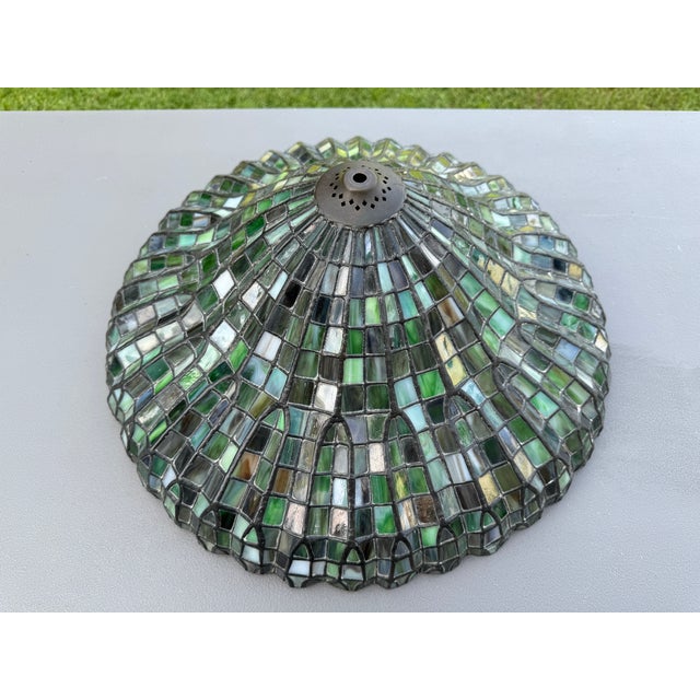 Mid-20th Century 20'' Tiffany-Style Leaded Green Slag Glass Lotus Leaf Lamp Shade For Sale - Image 4 of 18