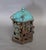 Vintage Japanese cast iron butterfly tea garden lantern with pierced openwork panels and a beautifully weathered turquoise...