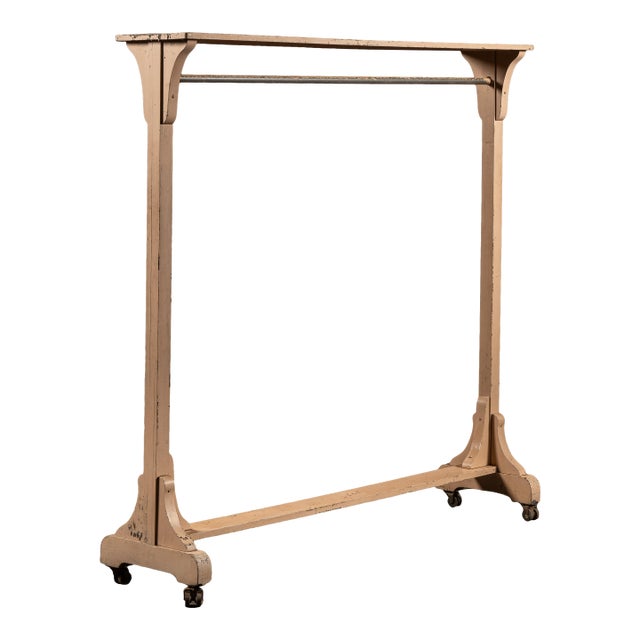 Early 20th Century Industrial Rolling Wooden Garment Rack in Beige For Sale