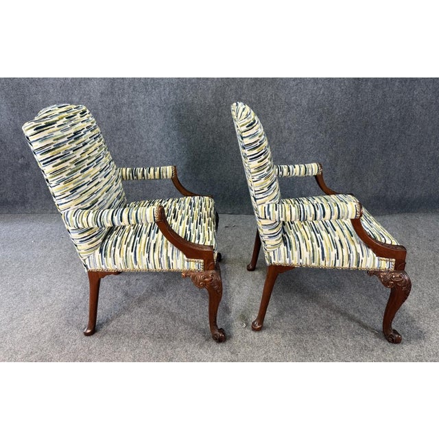 Late 20th Century Late 20th Century Pair of Baker Furniture Attributed Stately Homes Gainsborough Arm Chairs in Green & Blue For Sale - Image 5 of 11