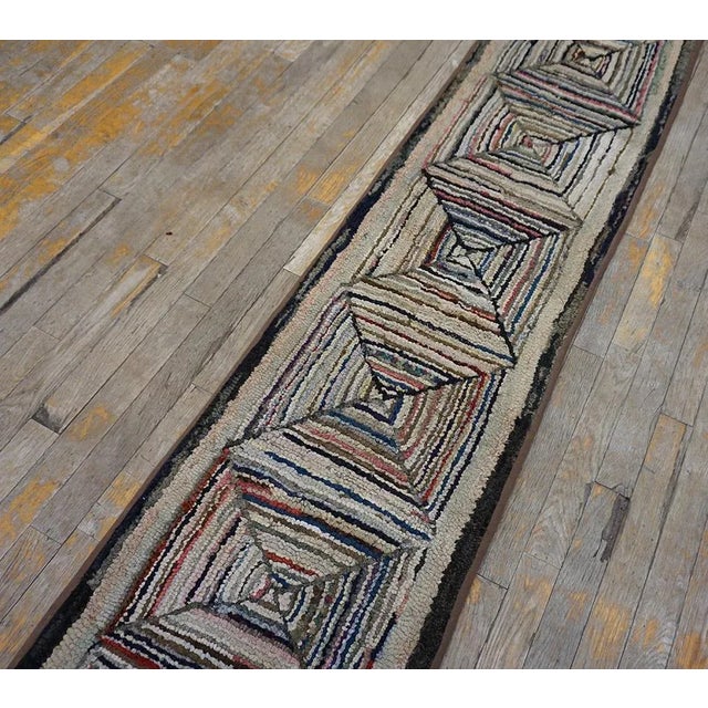 Textile 1900s Tan Ecru Log Cabin Folk Art Antique American Hooked Rug 1'6'' X 20'2'' Woven Carpet Runner For Sale - Image 7 of 12