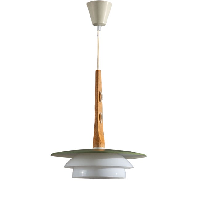 Pendant Light in Oak Wood with Green Shade and Glass, 1960s For Sale