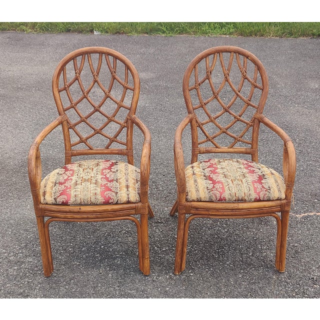 Mid 20th Century Vintage Coastal Web Back Rattan Dining Chairs Styled After Ficks Reed - Set of 2 For Sale - Image 11 of 11