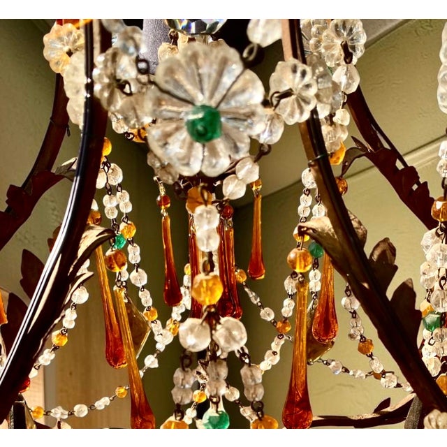 Rustic European Antique Italian Iron and Colored Crystal Chandelier With Crystal Beading For Sale - Image 3 of 18