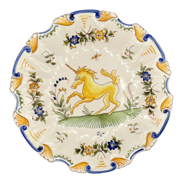 Antique French Moustiers Large Plate With Unicorn Hand Painted For Sale