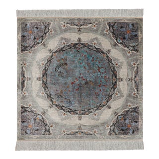 Rug & Kilim’s Modern Square Rug in Silver, Black, Blue With Medallion “Shekar” For Sale