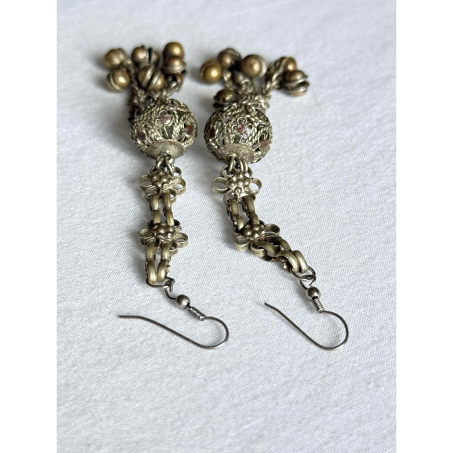 Vintage 1990s Bohemian Silver Brass Tone Filigree Bell Drop Earrings, Pair For Sale In New York - Image 6 of 8