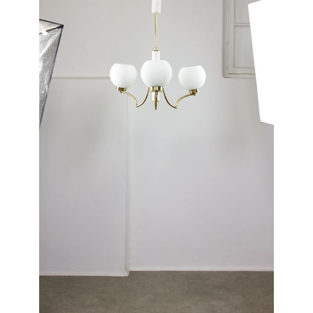 Goldenrod Mid-Century Italian Brass and Opaline Chandelier For Sale - Image 8 of 16