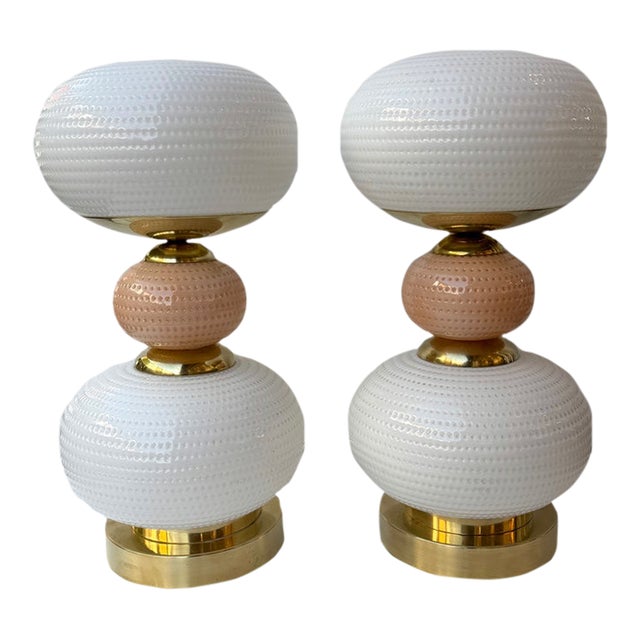 Contemporary Brass and Murano Glass Textured Bulb Lamps - Pair For Sale