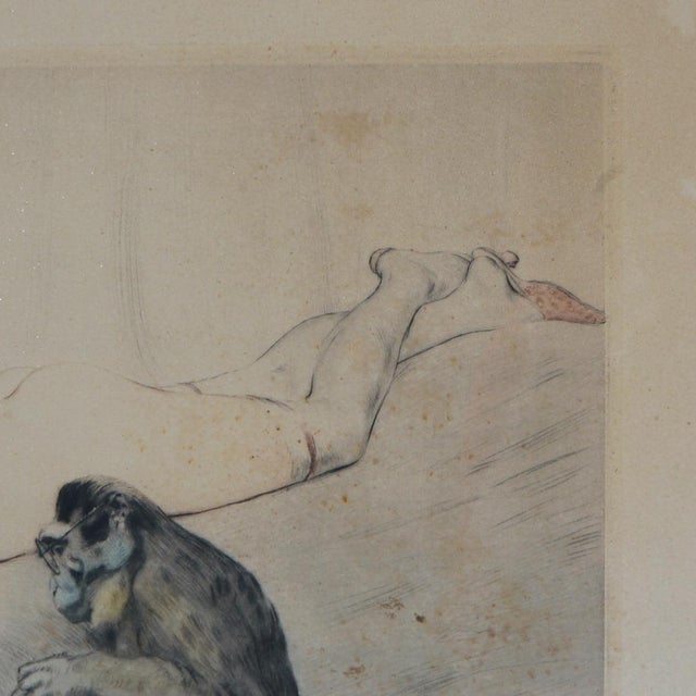 Early 20th Century Antique French PE Felix Colored Lithograph of a Nude Playing Cards with a Monkey For Sale - Image 5 of 9