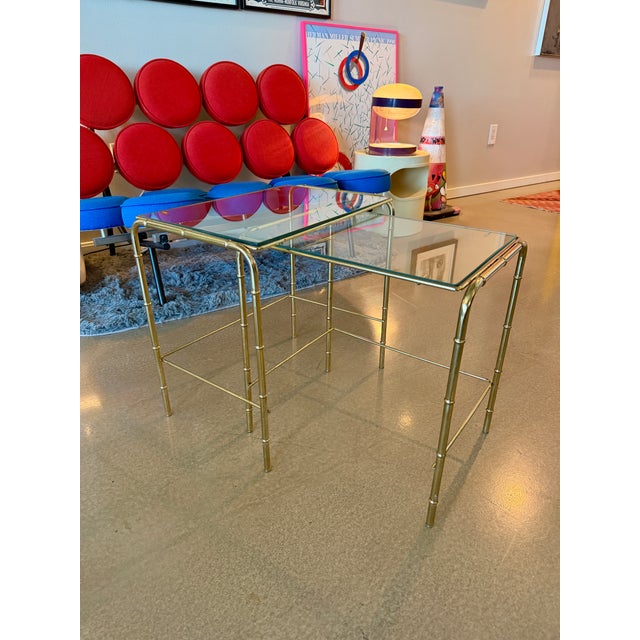 Vintage Mid Century Modern Faux Bamboo Brass Glass Nesting Tables Set 1970s Hollywood Regency For Sale - Image 17 of 17