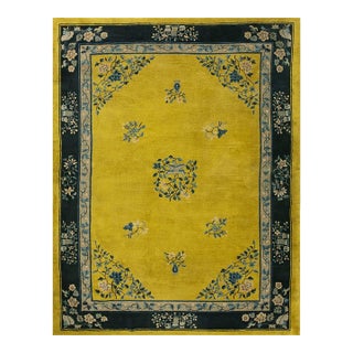 1920s Antique Gold Background Floral Art Deco Knotted Wool Chinese Peking Rug For Sale