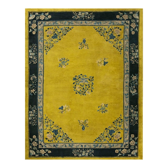 1920s Antique Gold Background Floral Art Deco Knotted Wool Chinese Peking Rug For Sale