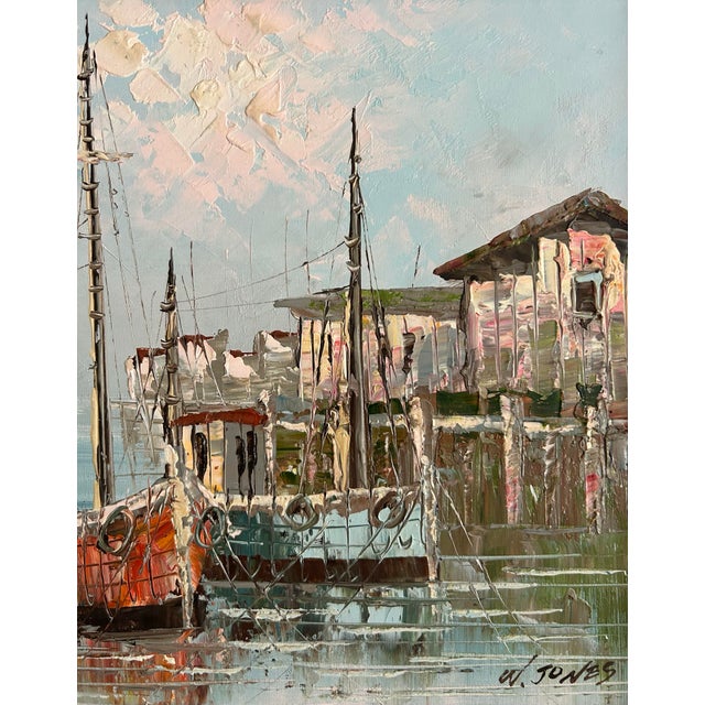 Vintage Impressionist Oil Painting of Fishing Boats at Dock Signed W Jones For Sale In Philadelphia - Image 6 of 8