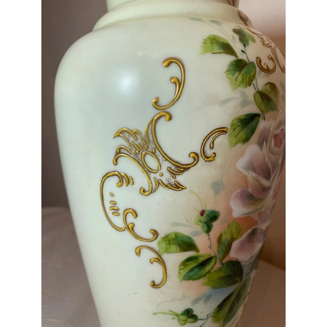 Figurative Tall Antique Hand Blown Painted Milk Bristol Glass Enamel Enameled Flower Vase For Sale - Image 3 of 11