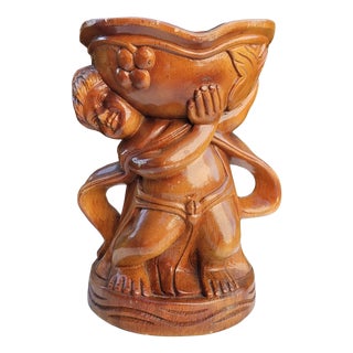 Carved Wooden Cherub Figurine with Bowl, 1950s-1960s For Sale