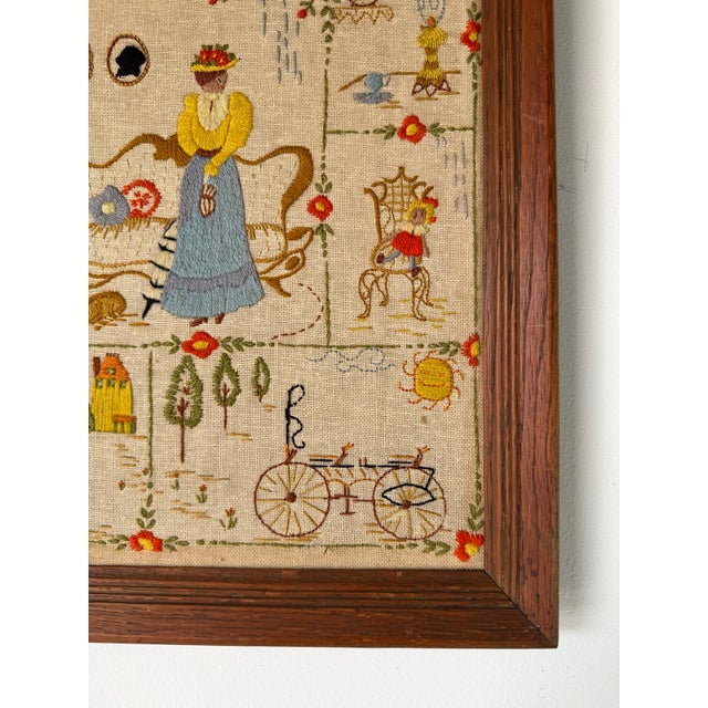 Vintage Framed Needlepoint Textile Wall Art With Whimsical Domestic Scene For Sale - Image 9 of 11