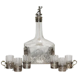 Silver and Engraved Crystal Decanter and Cordial Cups