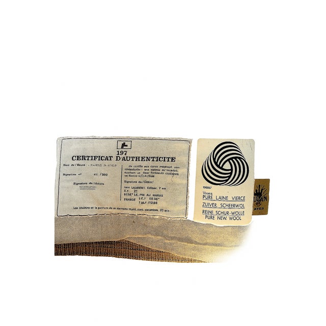 A vibrant mid-century French wool tapestry titled “Barques à Avignon” (Boats at Avignon) by Robert Debiève (French,...