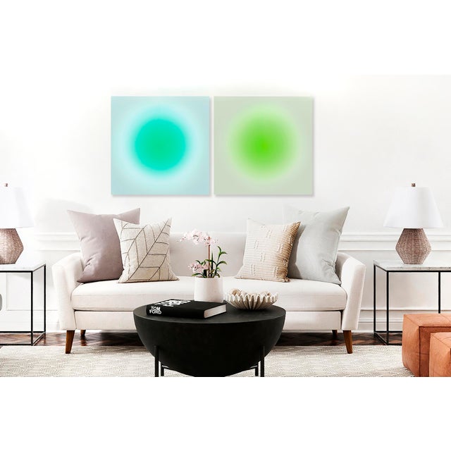 Contemporary art print set of 2 of the sun presented in chartreuse green and beautiful teal blue jewel tone. This fine...