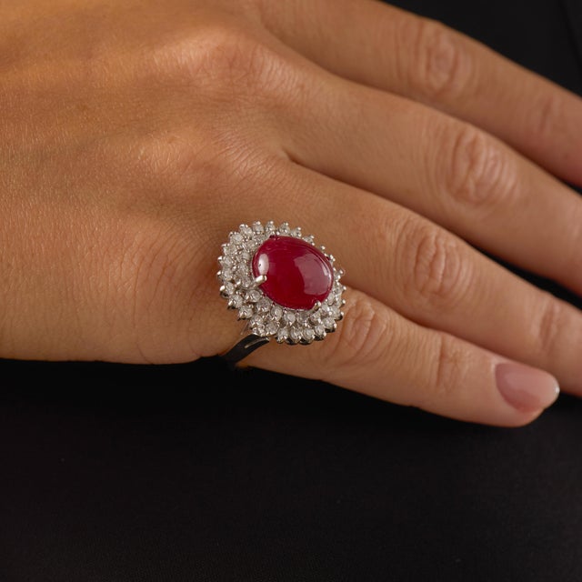 1980s Vintage 14.80 Carat Treated Ruby Diamond 14k White Gold Cluster Cocktail Ring, Size 6 For Sale - Image 5 of 7