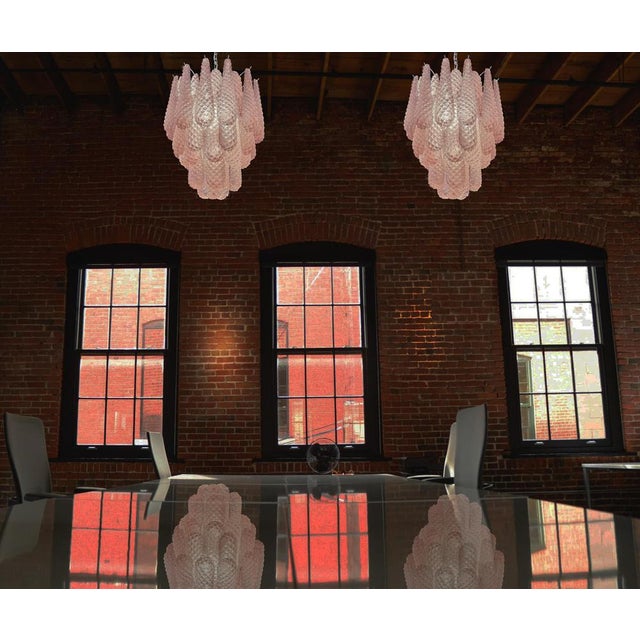 Pair Italian vintage Murano chandelier made by 41 glass petals (Pink crystal, smooth outside, with powder and then rough...