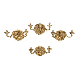 Late 19th C. Set 4 Regence Style French Bronze Ormolu 3 Arm Sconces For Sale