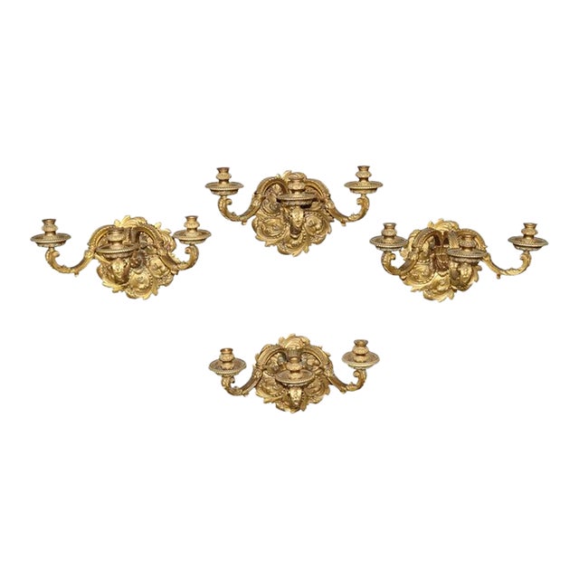 Late 19th C. Set 4 Regence Style French Bronze Ormolu 3 Arm Sconces For Sale