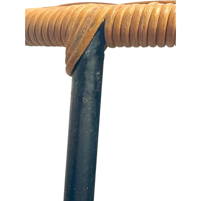 Black Pair Mid Century Modern Attributed to Arthur Umanoff Style Black Iron and Wicker Bar Counter Stools For Sale - Image 8 of 17