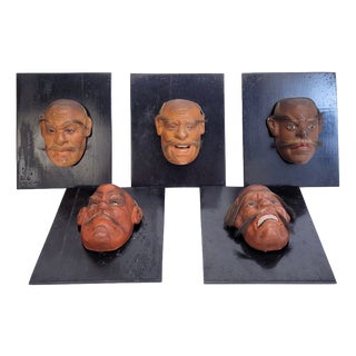 Meiji Noh Mask Set in Papier-Mâché and Ebonized Wood, Japan, Set of 5 For Sale