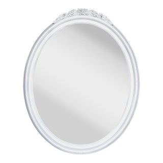 1930s White Oval Wall Mirror W/Floral Crown For Sale
