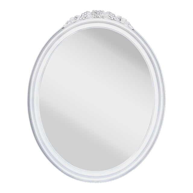 1930s White Oval Wall Mirror W/Floral Crown For Sale