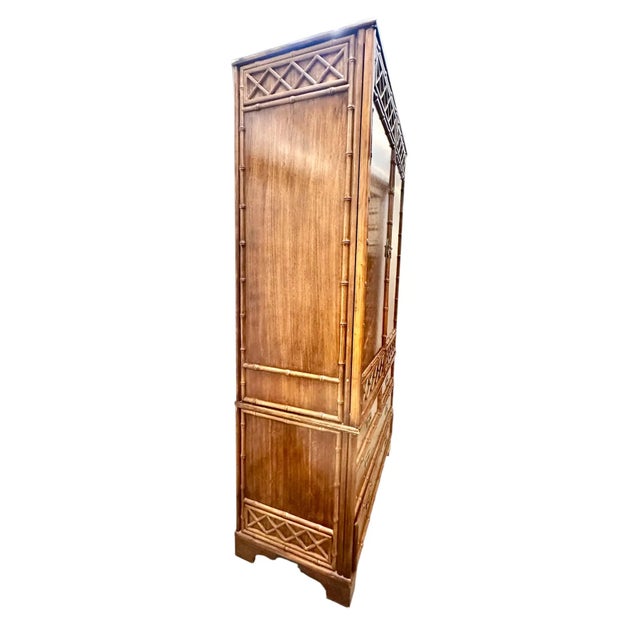 2000s Drexel Heritage Faux Bamboo Armoire Draws Doors Wood Chinoiserie Tv Cabinet Two Piece For Sale - Image 11 of 15