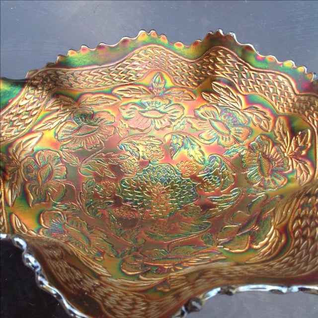 Blue Carnival Glass Two Flowers Pattern Bowl 1913 For Sale - Image 4 of 6