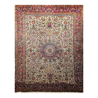 Vintage Persian Kerman Lavar Rug, Handwoven Floral Pattern, Ivory & Crimson, 9’ X 12’ For Sale