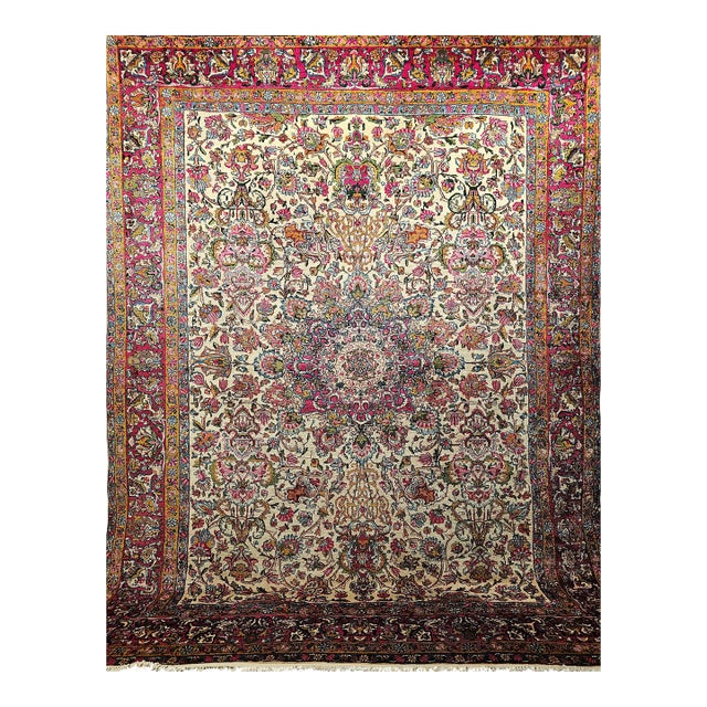 Vintage Persian Kerman Lavar Rug, Handwoven Floral Pattern, Ivory & Crimson, 9’ X 12’ For Sale