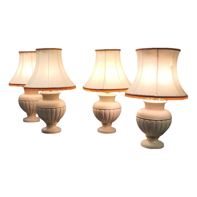 Vintage Ceramic Table Lamps with Linen Shades, 1970, Set of 4 For Sale