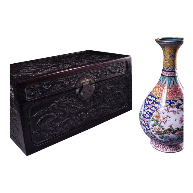 Chinese Enameled "Bird & Flower" Vase With Antique Zitan Carved Dragon Box - 9 LBS For Sale