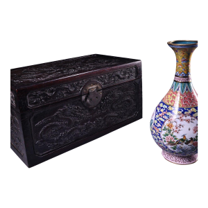 Chinese Enameled "Bird & Flower" Vase With Antique Zitan Carved Dragon Box - 9 LBS