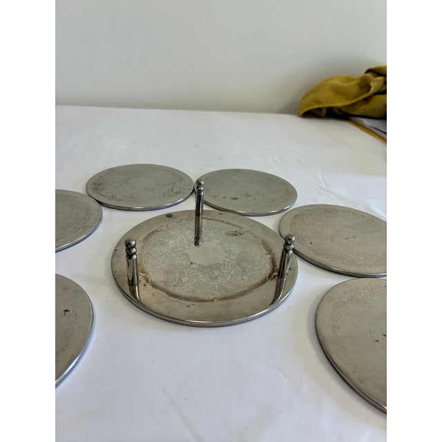 Vintage Silver Engraved Coaster Set – Set of 6 Coasters With Holder For Sale In Oklahoma City - Image 6 of 13