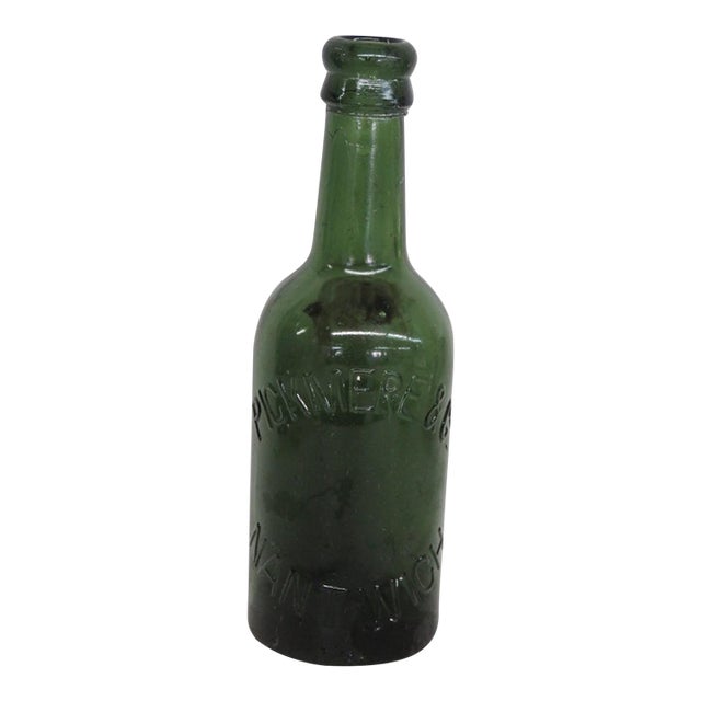 Pickmere and Co Nantwich Blown Glass Bottle Empty Green Embossed Vessel 5122b For Sale
