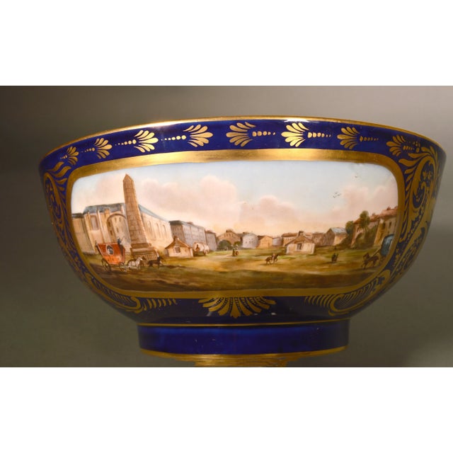 French Porcelain Mazarine Blue-Ground Punch Bowl With London View and Botanical Interior For Sale - Image 11 of 12