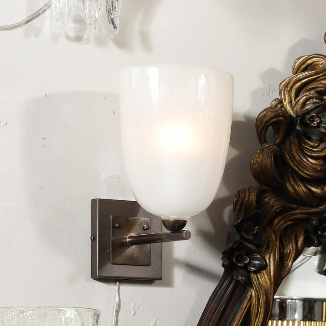 Metal Pair of Modernist Hand-Blown Murano Glass Pulegoso Sconces in Oil Rubbed Bronze For Sale - Image 7 of 17