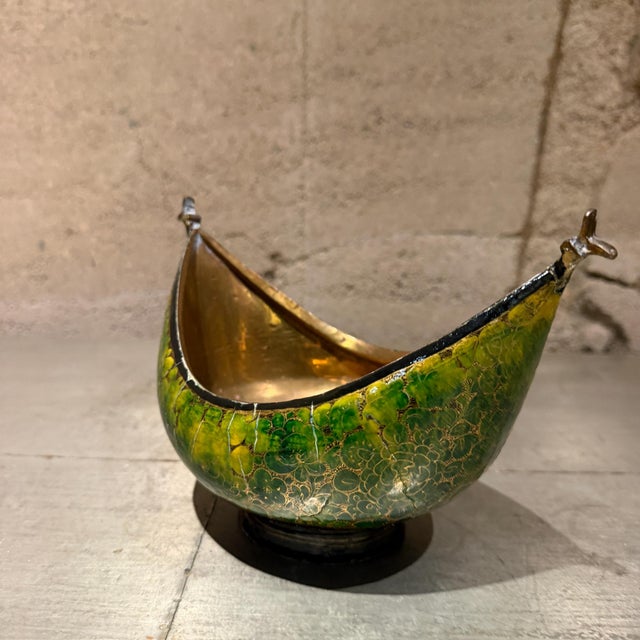Green Gold Kashkul Sufi Dervish Begging Bowl Paper Mache Modern For Sale - Image 4 of 13