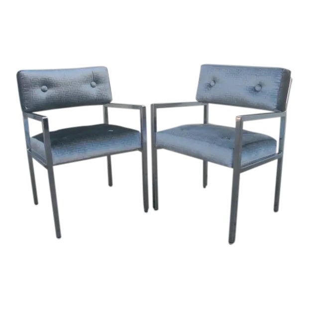 1970s Modern Chrome Armchairs in Greek Key Velvet Upholstery - a Pair For Sale